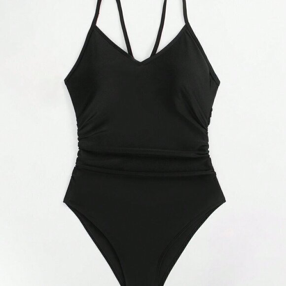 Black Women's Summer Beach Cut Out Ring Linked One Piece Swimsuit - Picture 3 of 8